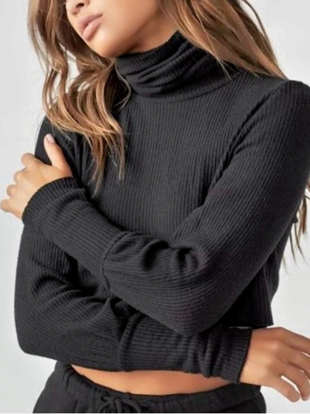Joah Brown Ribbed Cropped Brooklyn Turtleneck in Black